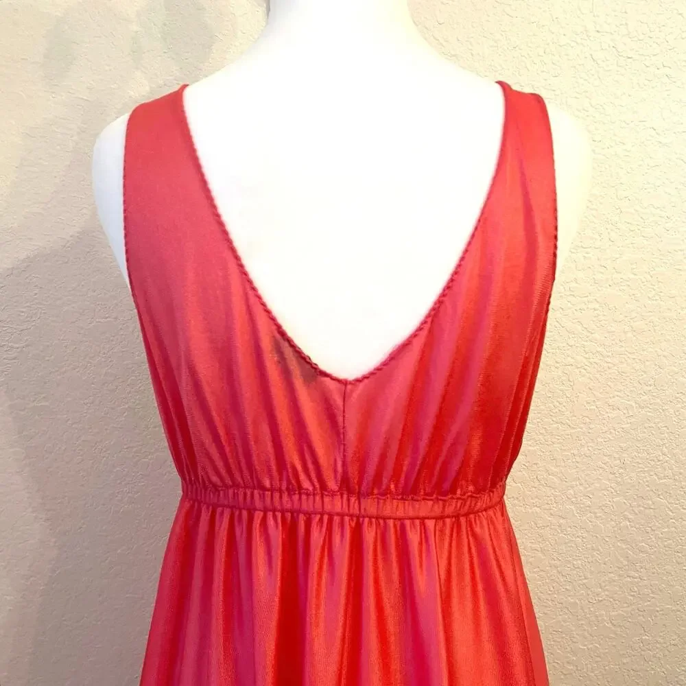 Vintage 70s Maxi Nylon Babydoll Slip Dress M Tiered Coral Pink Nightgown Lingeri